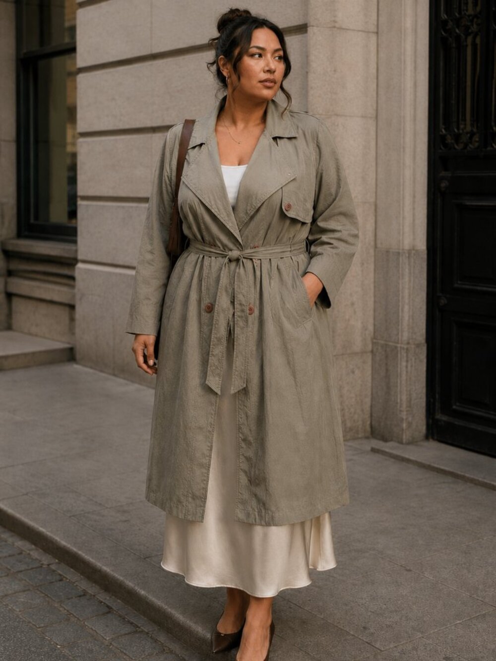 Vintage Junior Gallery trench-coat sage green maxi  length SZ 13/14 EUC